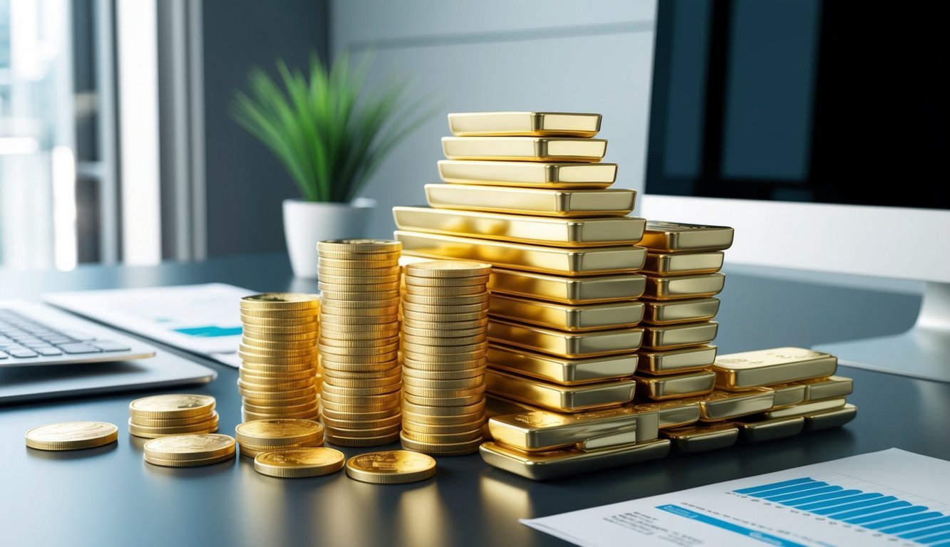 A stack of gold bars and coins arranged on a sleek, modern desk with a computer and financial documents nearby