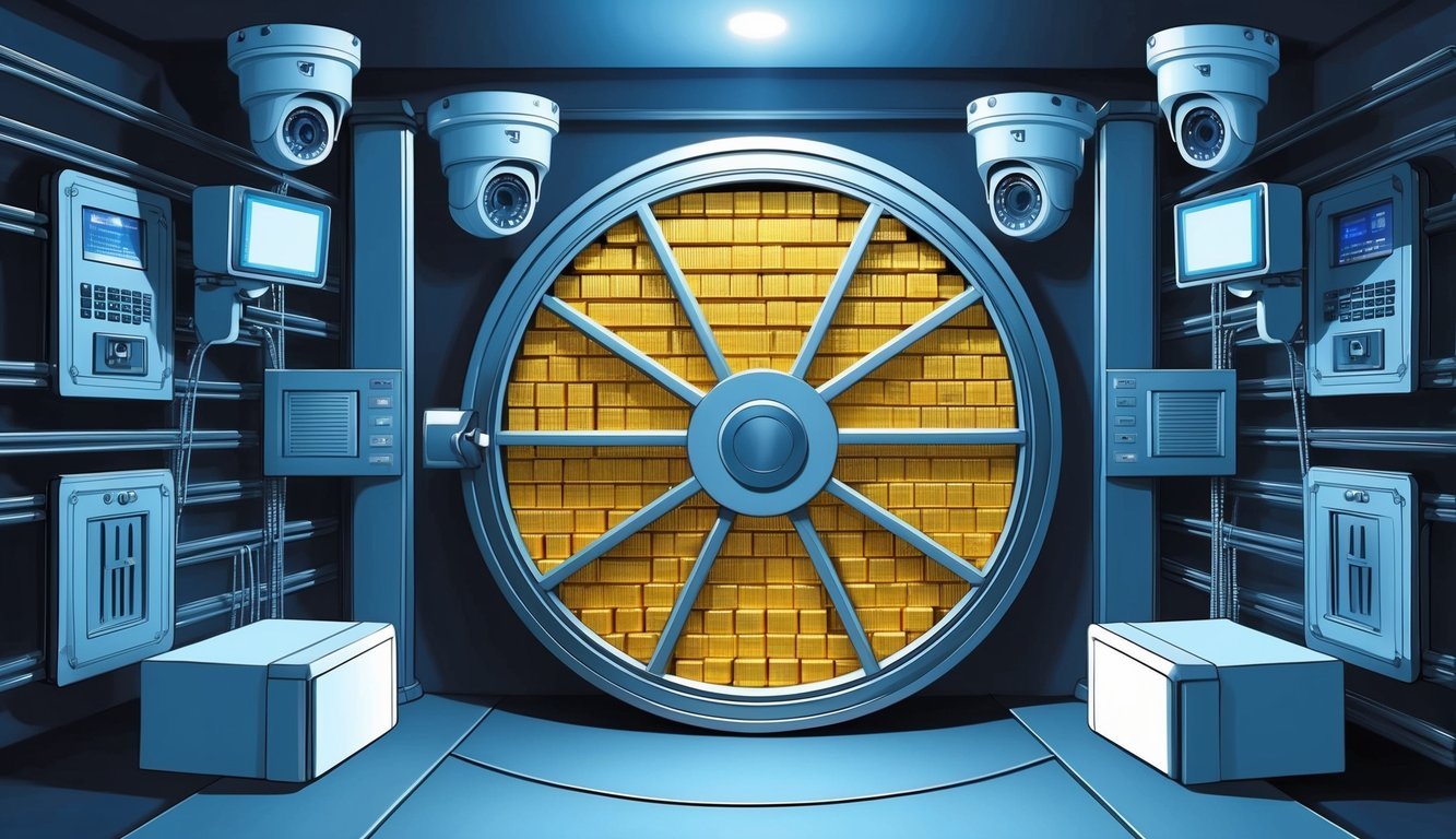 A secure vault filled with gold bars, surrounded by high-tech security measures such as cameras and alarms