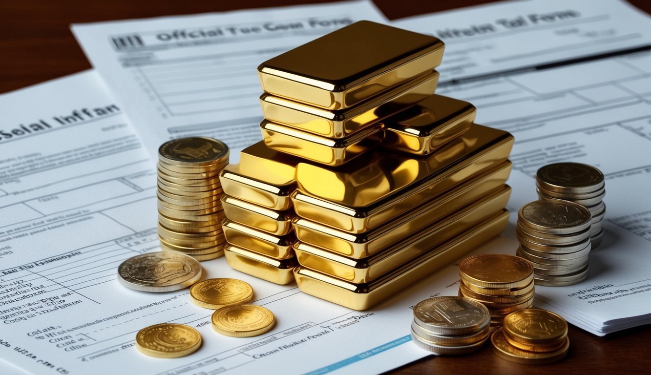 A stack of gold bars and coins surrounded by official documents and tax forms