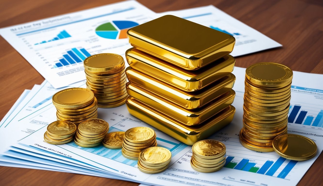 A stack of gold bars and coins surrounded by financial documents and charts