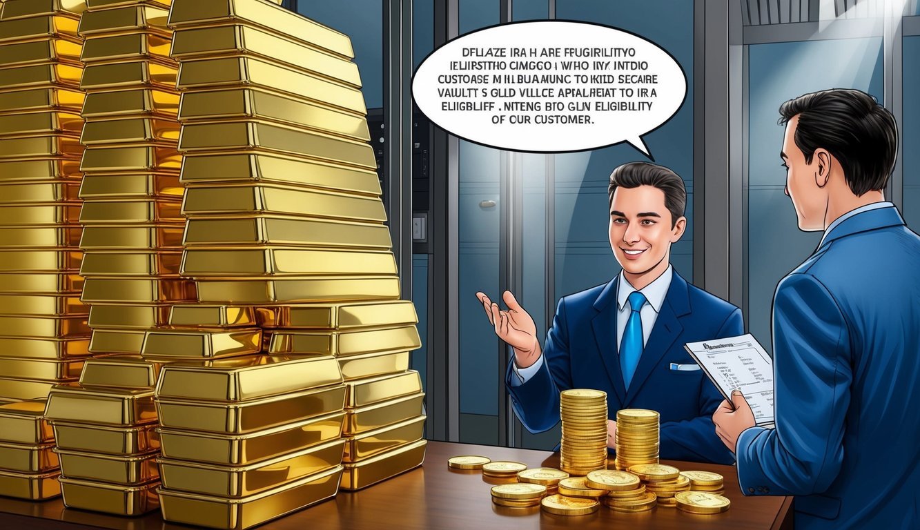 A stack of gold bars and coins displayed in a secure vault, with a dealer explaining IRA eligibility to a customer