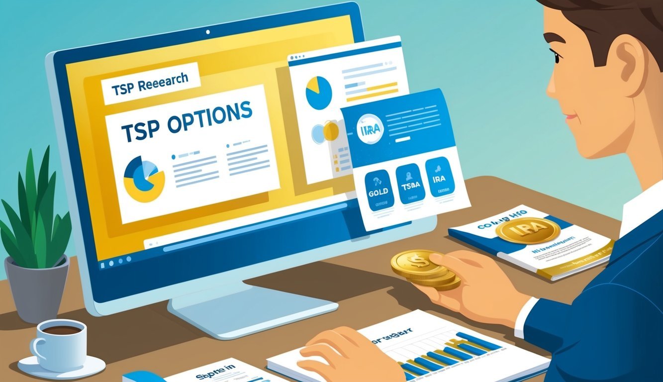 A person researching TSP options, with a computer displaying TSP information and a gold IRA brochure on the desk