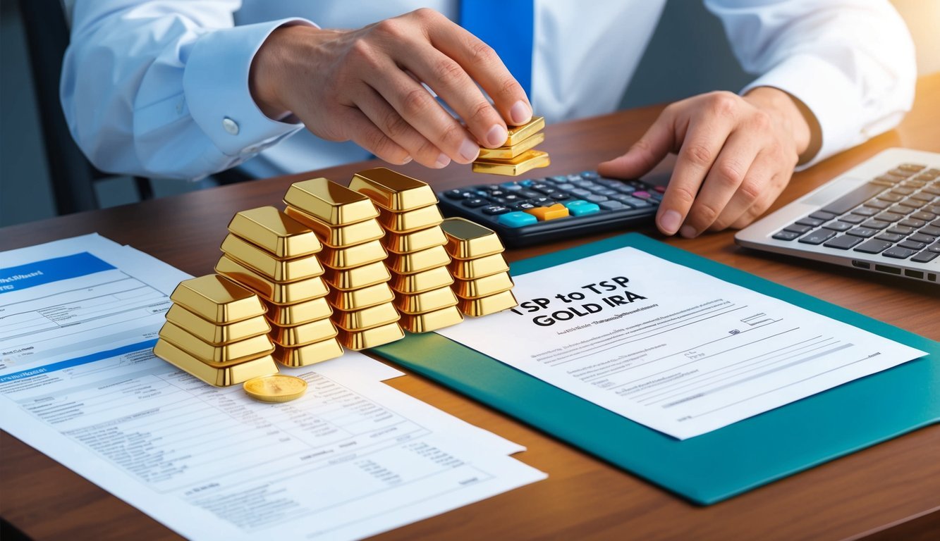A person transferring assets from TSP to Gold IRA, with a stack of gold bars and financial documents on a desk