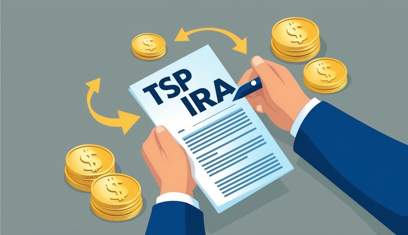 A hand holding a TSP statement, surrounded by gold coins and a symbol of an IRA, with arrows moving from TSP to Gold IRA