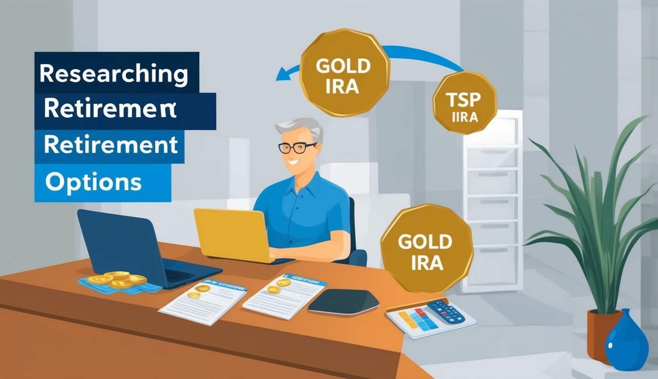 A person researching retirement options, comparing Gold IRAs and TSP to Gold IRA
