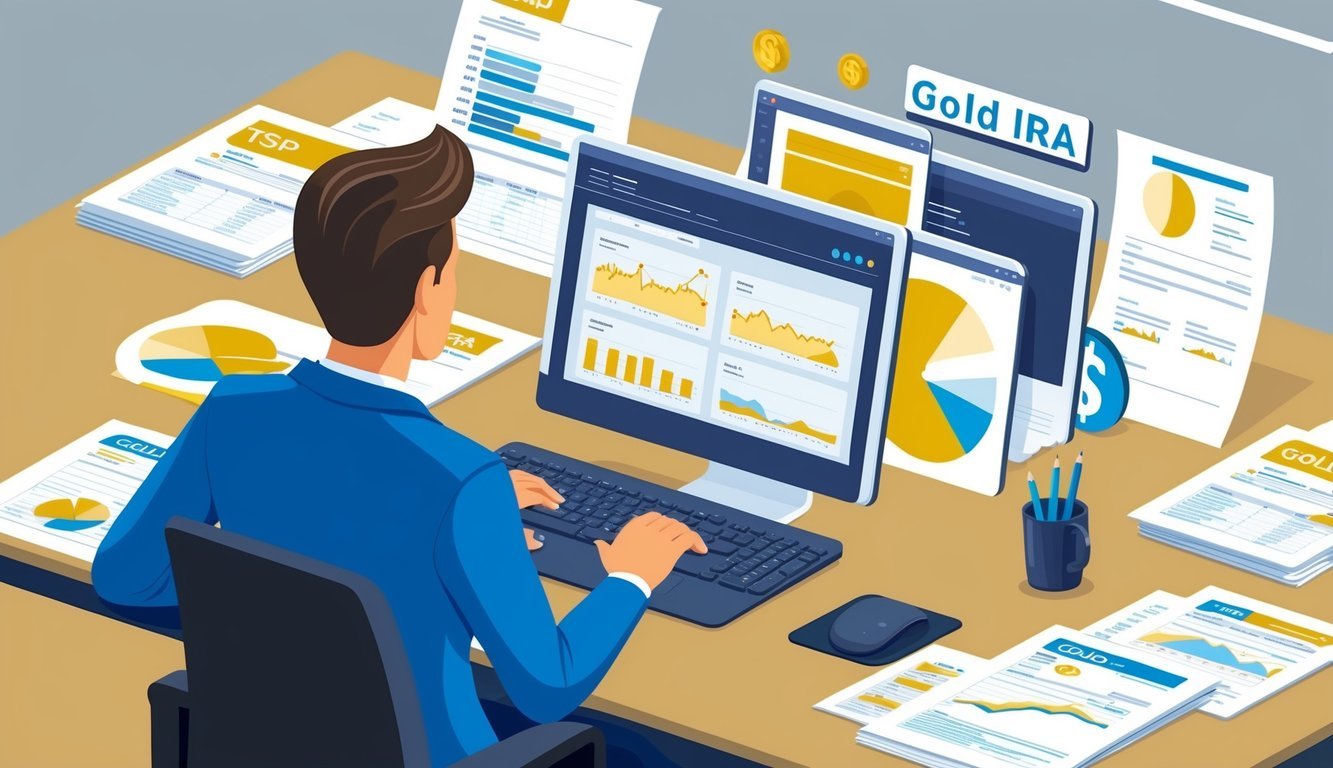 A person sitting at a desk, surrounded by financial documents and a computer, researching and managing their Gold IRA TSP to Gold IRA conversion
