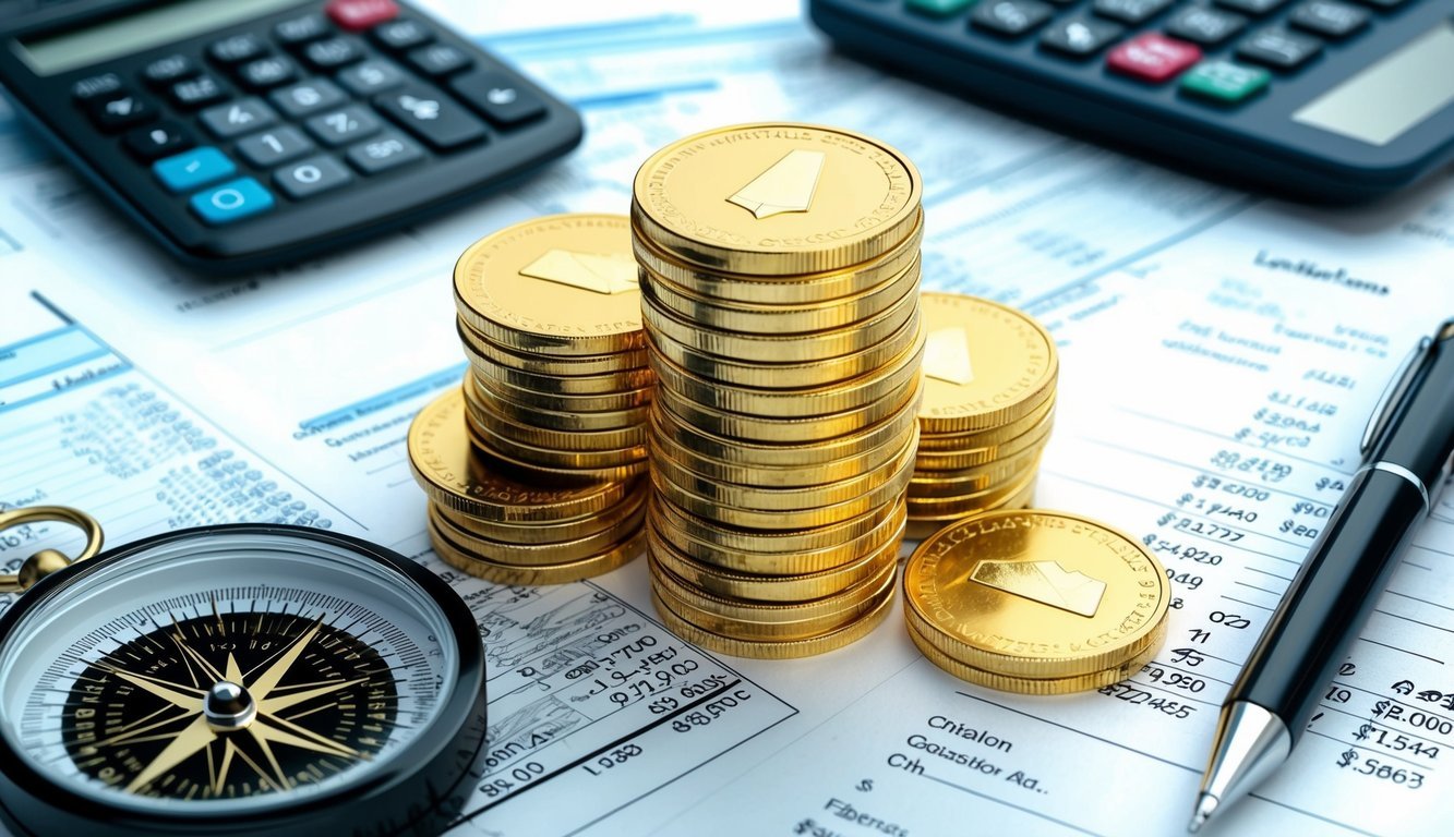 A stack of gold coins surrounded by a compass, calculator, and financial documents