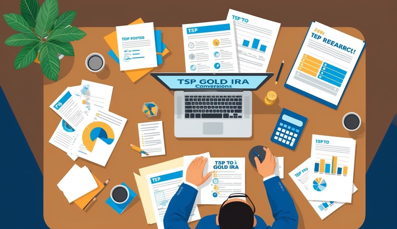 A person sitting at a desk, surrounded by papers and a computer, researching TSP to Gold IRA conversions