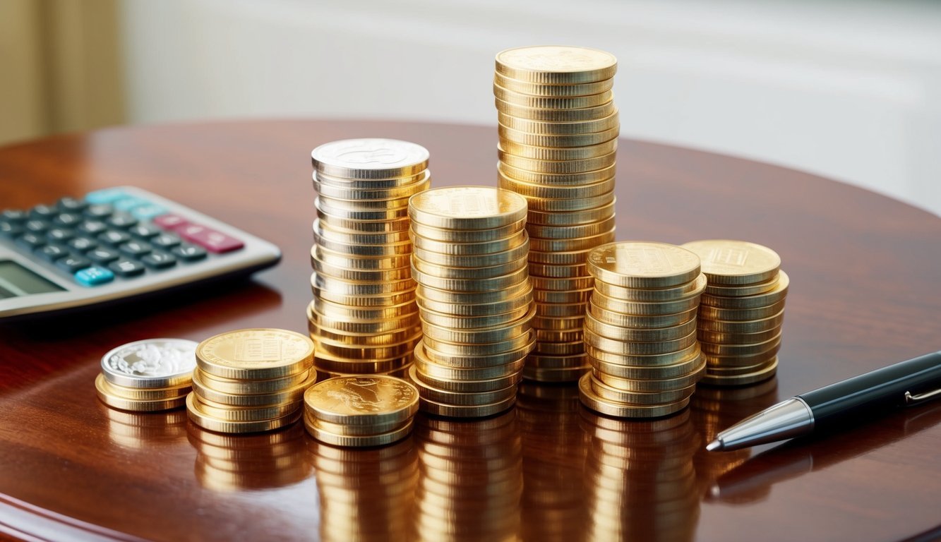 A stack of gold coins and bars arranged on a polished wooden table, with a calculator and pen nearby