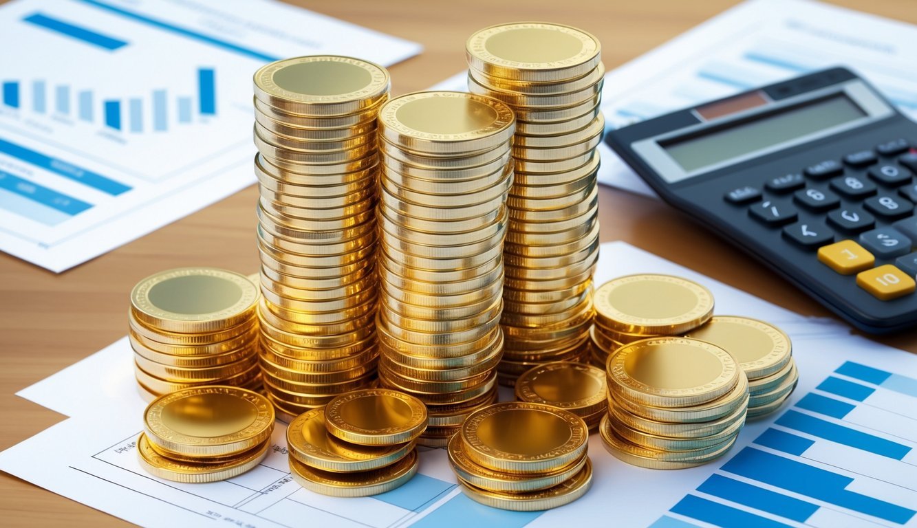 A stack of gold coins and bars arranged on a table, surrounded by financial documents and a calculator