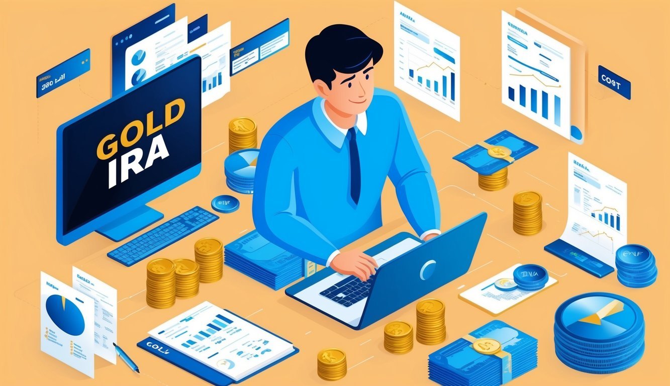 A person researching gold IRA investment options, surrounded by financial documents and a computer, contemplating the cost