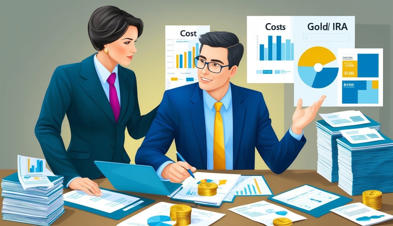 A person consulting with a financial advisor, surrounded by documents and charts, with a focus on gold IRA costs and legal/tax implications