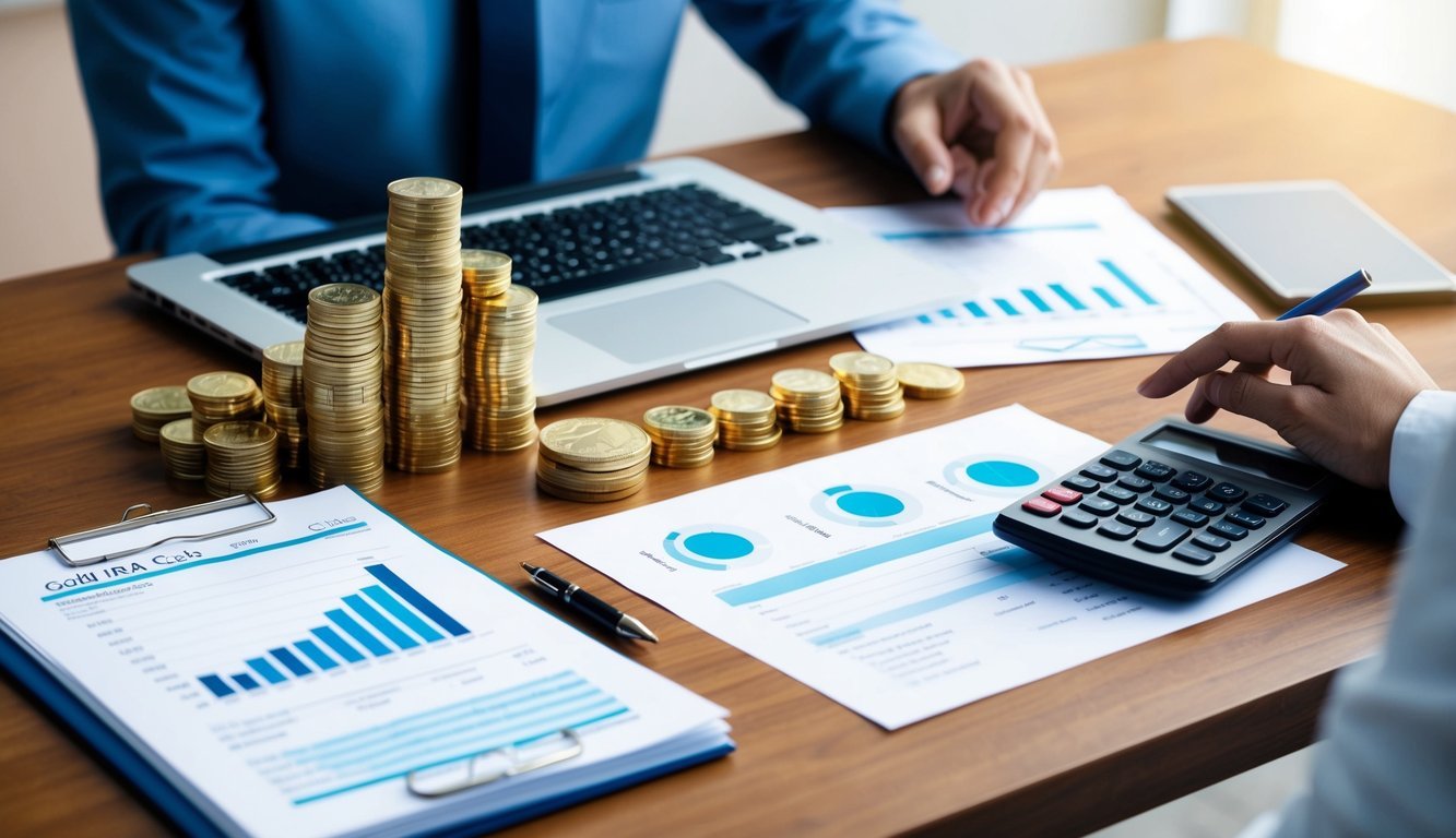A table with a laptop, financial documents, and a calculator. A stack of gold coins and bars on the table. A person researching Gold IRA costs