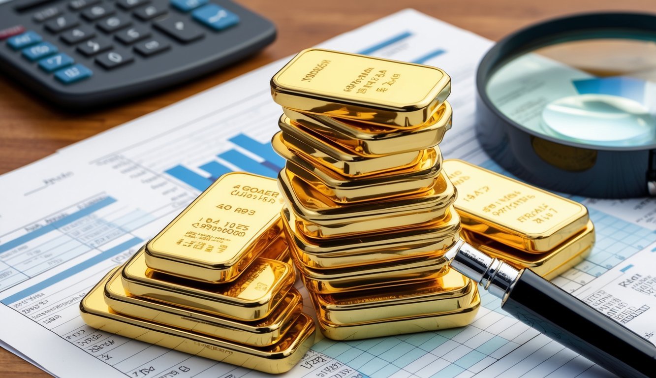 A stack of gold coins and bars surrounded by financial documents and calculators, with a magnifying glass examining the details