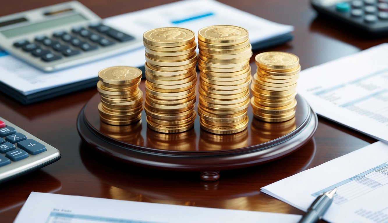 A stack of gold coins and bars arranged on a polished wooden table, surrounded by financial documents and a calculator