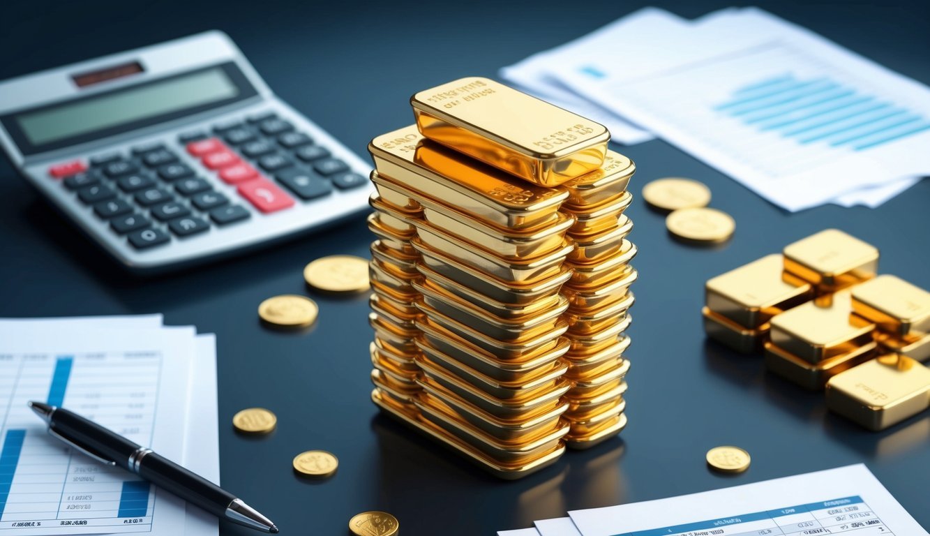 A stack of gold coins and bars arranged on a dark background, with a calculator and financial documents scattered around