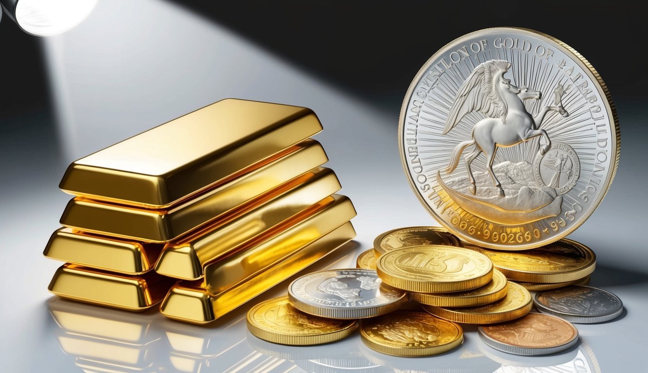 A stack of shiny gold bullion bars next to a collection of rare numismatic coins, both gleaming under a spotlight