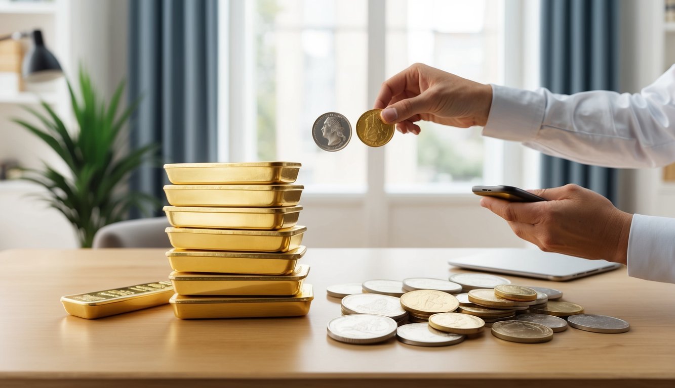 A person comparing a stack of gold bullion bars with a collection of numismatic coins on a table in a well-lit room