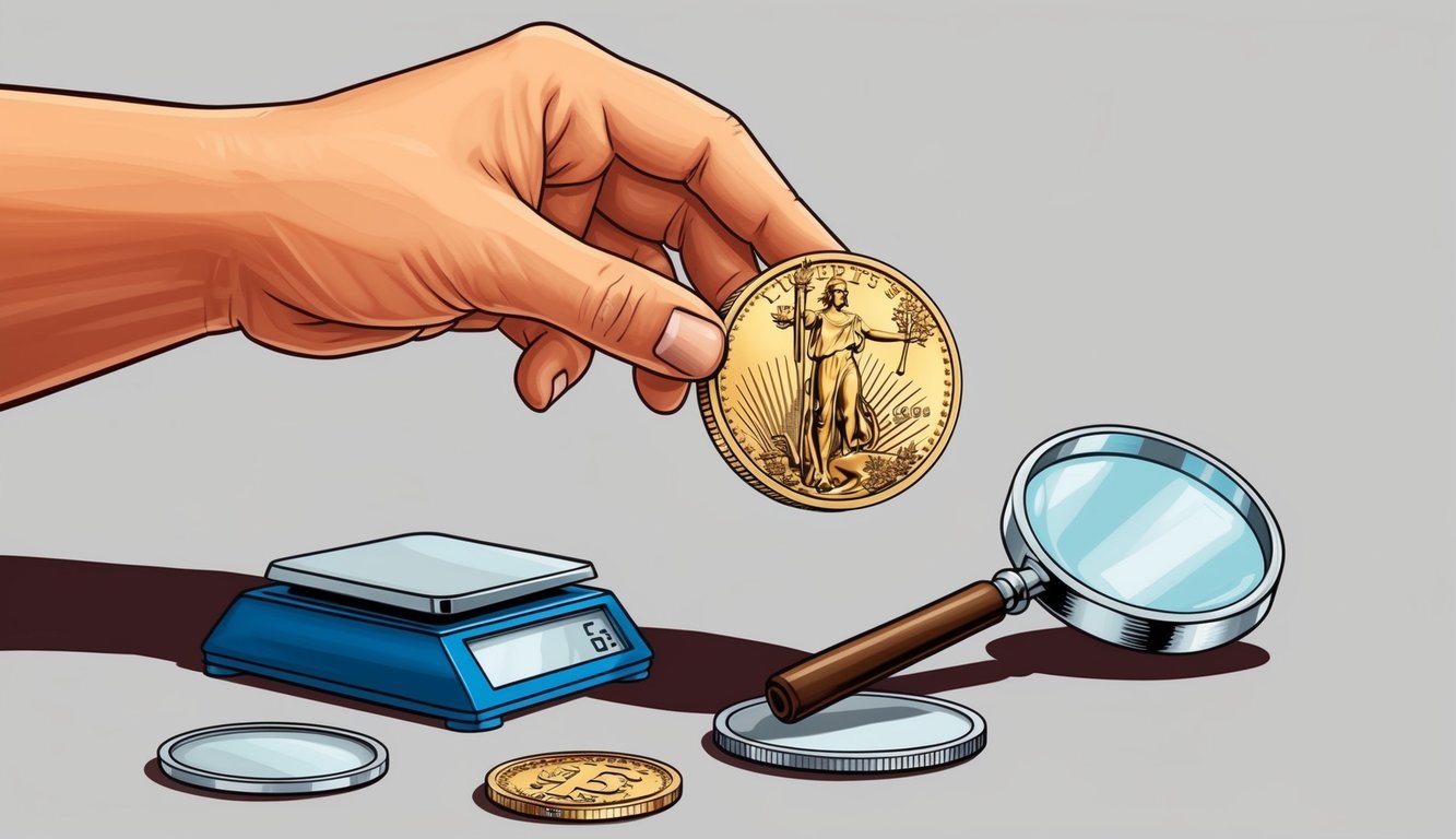 A hand holding a gold bullion and a numismatic coin, with a scale and magnifying glass nearby for comparison