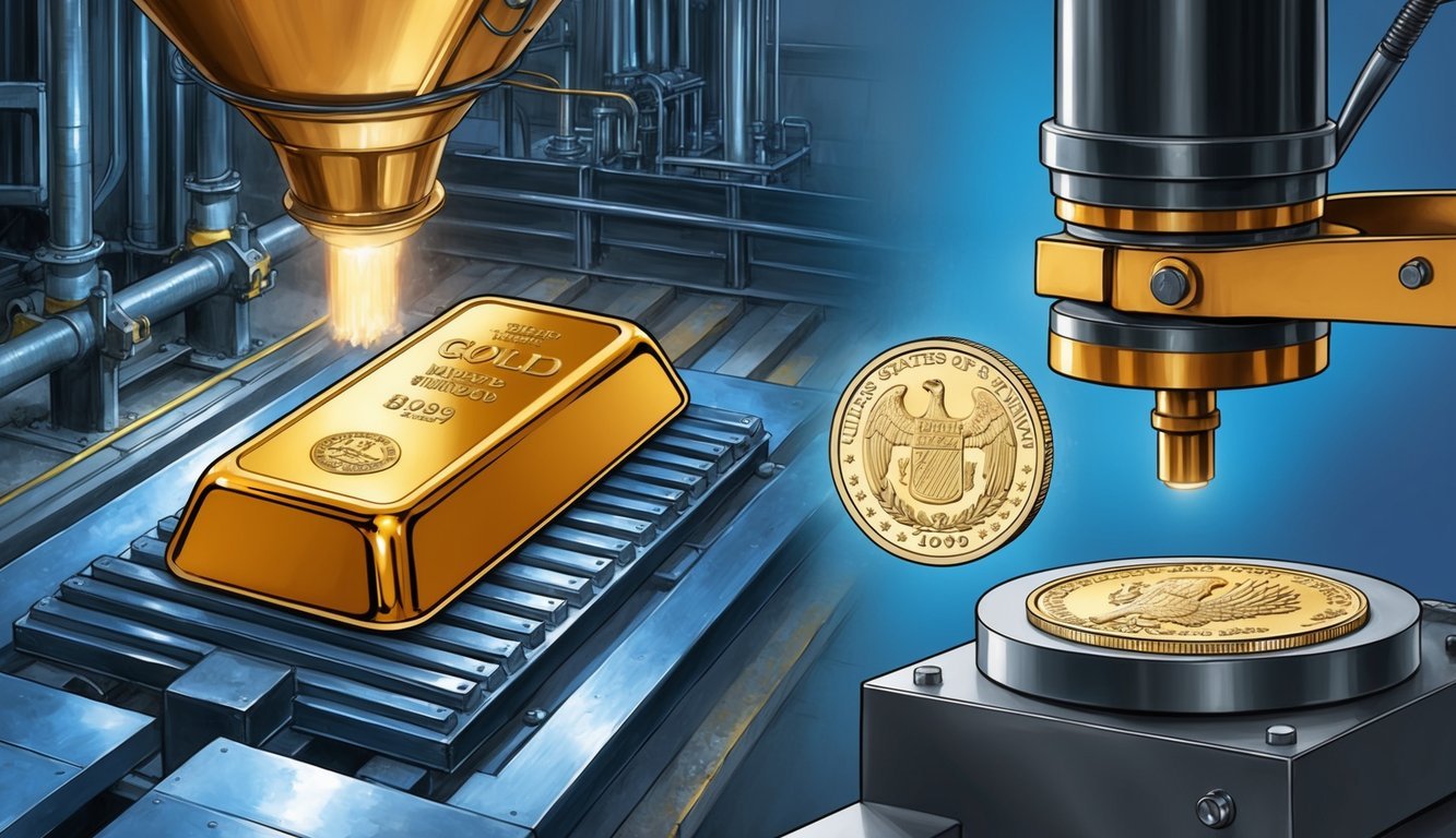 A gold bullion bar being cast in a foundry, while a numismatic coin is being struck in a minting press