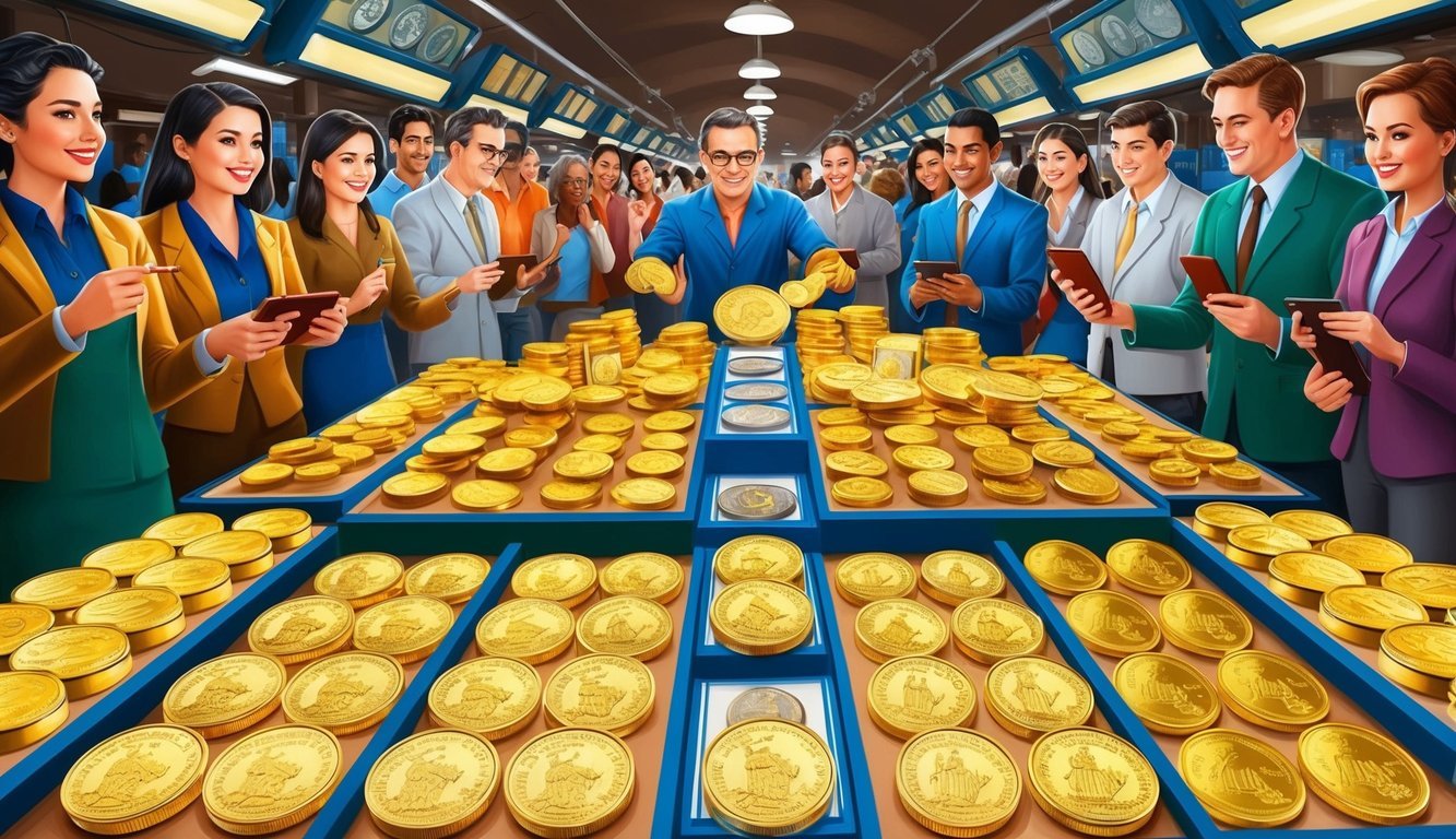 A bustling market with gold bullion and numismatic coins on display, surrounded by eager buyers and sellers