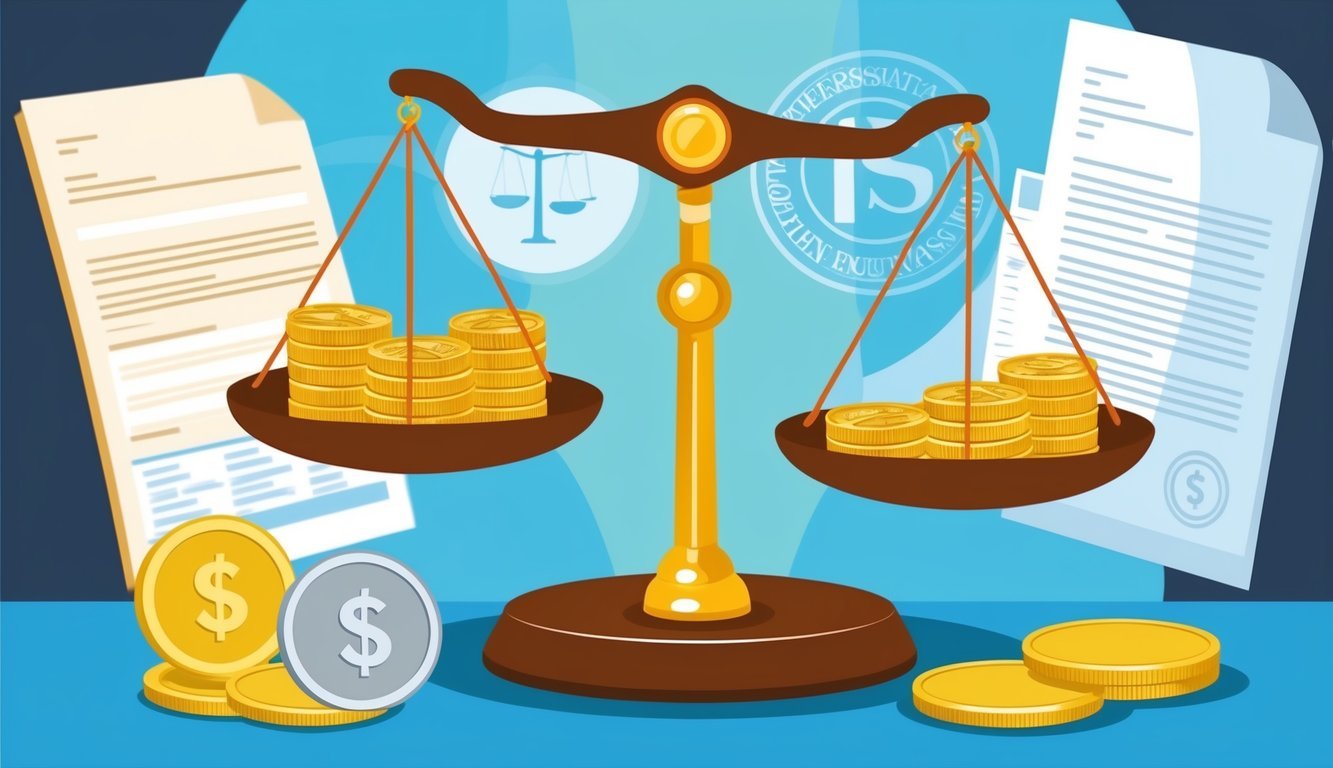 A scale weighing gold bullion and numismatic coins with legal documents and regulations in the background