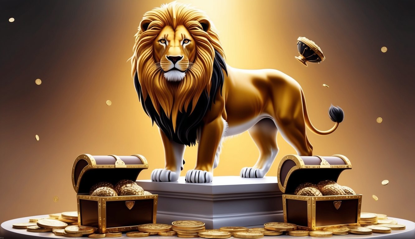 A regal lion with a golden mane stands proudly on a pedestal, surrounded by shimmering coins and treasure chests