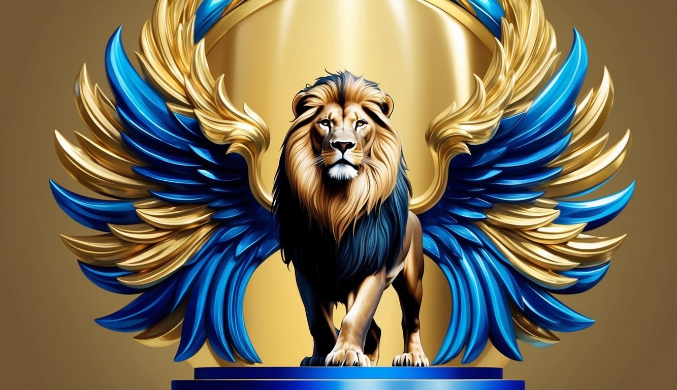 A regal lion with a majestic mane stands proudly in front of a shimmering gold and blue crest, symbolizing strength and prosperity