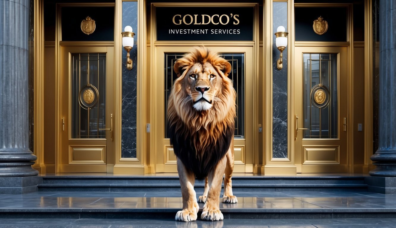 A regal lion stands proudly in front of a grand, gilded entrance to Goldco's Investment Services, exuding strength and confidence