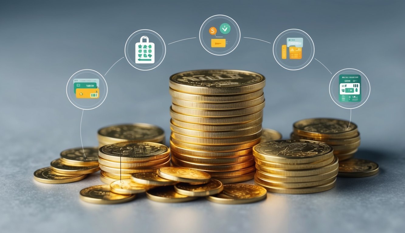 A stack of gold coins surrounded by various fees and charges icons