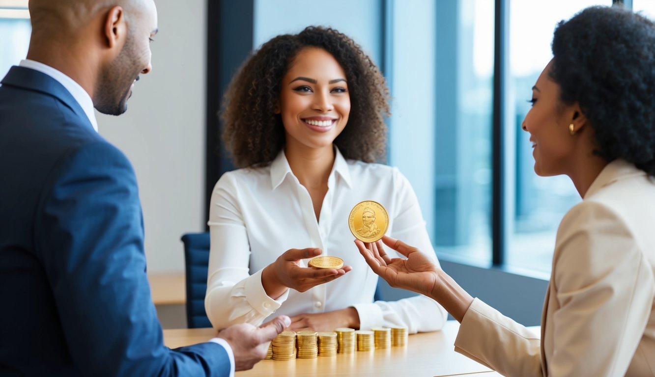 A customer smiling while receiving a shiny gold coin from a representative at a Goldco office