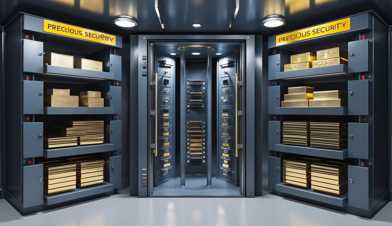 A high-security vault with multiple layers of protection and various storage options for precious metals and valuables