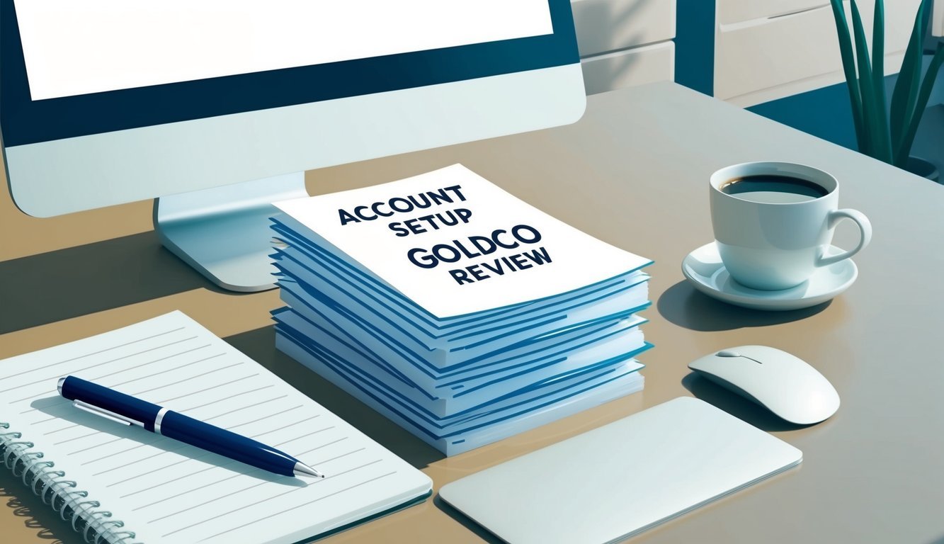 A desk with a computer, notebook, and pen. A stack of papers labeled "Account Setup Goldco Review" sits next to a cup of coffee