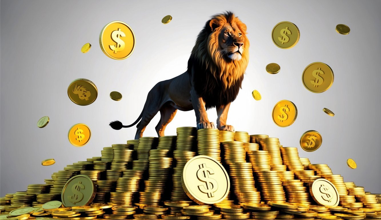 A regal lion stands proudly atop a mountain of gleaming gold coins, surrounded by symbols of wealth and prosperity