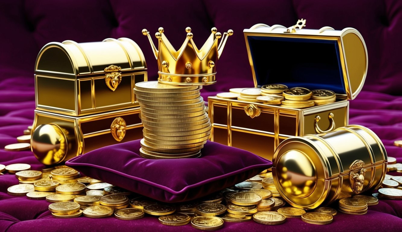 A stack of gold coins surrounded by shining treasure chests and a golden crown on a velvet pillow