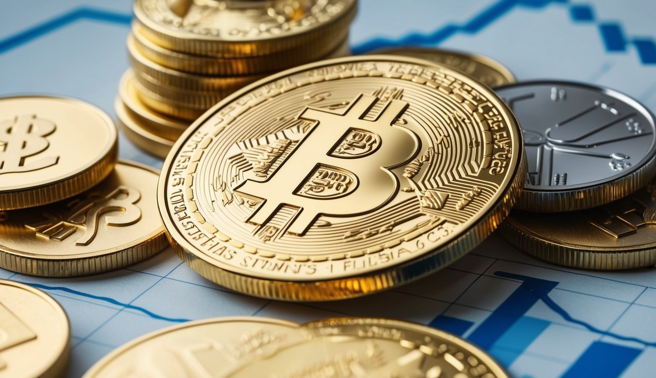 A gleaming gold coin nestled among financial assets and investment symbols