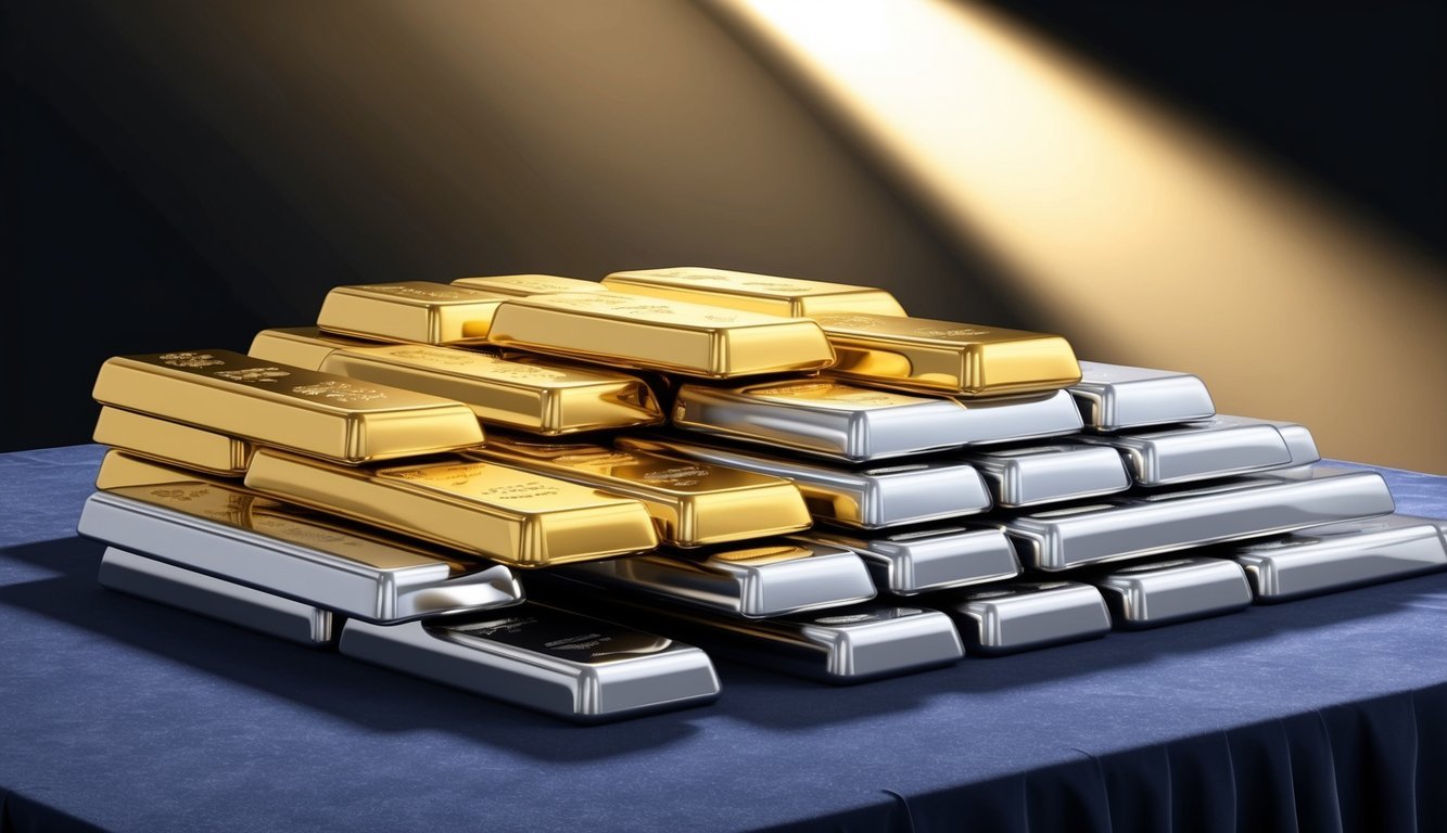 A stack of gold and silver bars arranged neatly on a dark velvet background, with a spotlight casting a warm glow on the precious metals