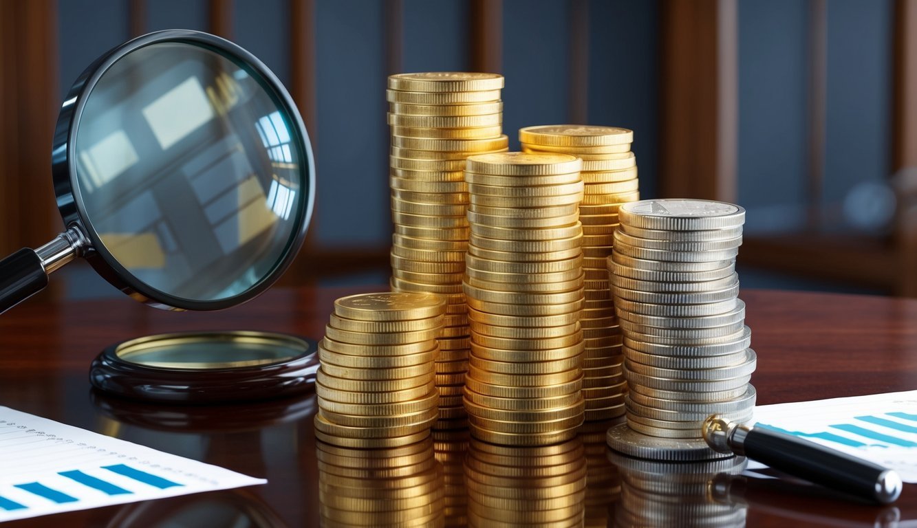 A stack of gold coins and bars arranged on a polished wooden table, with a magnifying glass and financial charts nearby