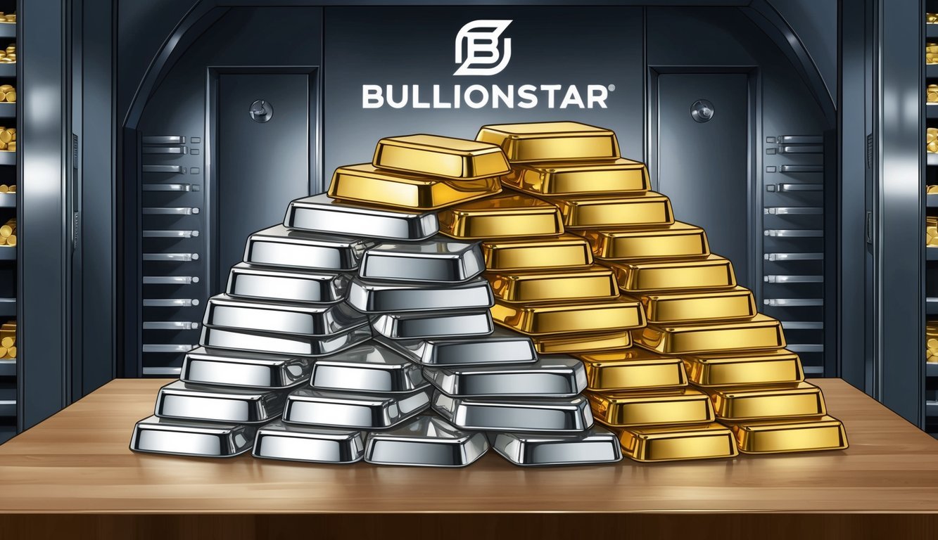 A stack of gold and silver bullion bars displayed in a secure vault with the BullionStar logo prominently featured