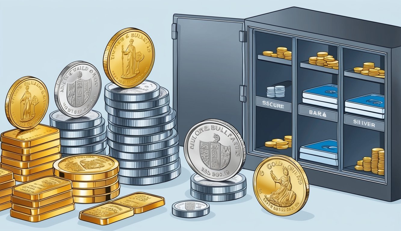 A display of various gold and silver bullion bars and coins, alongside a range of secure storage options and expert consulting services