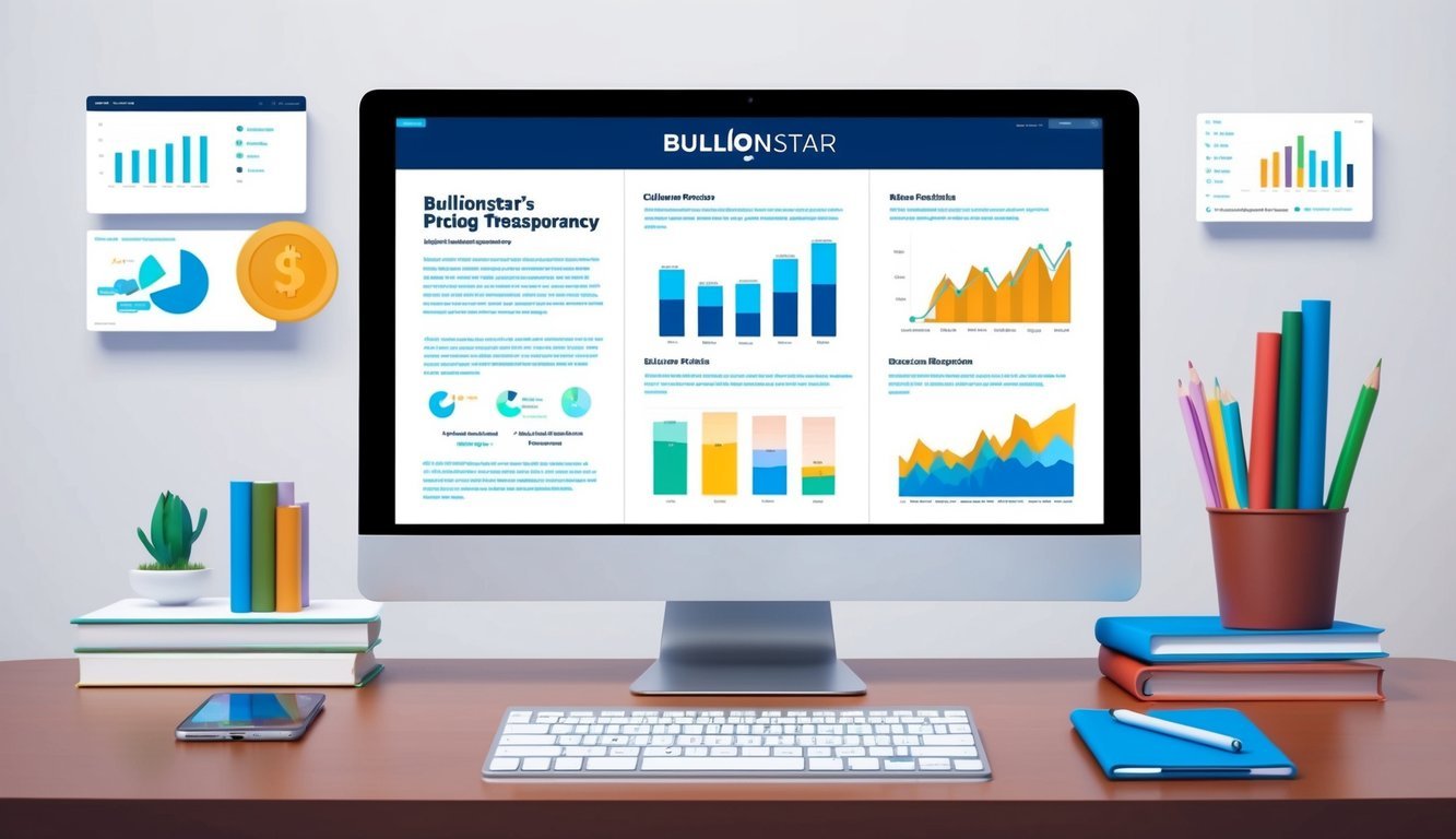 A sleek, modern computer screen displaying a detailed review of bullionstar's pricing and transparency, with various charts and graphs