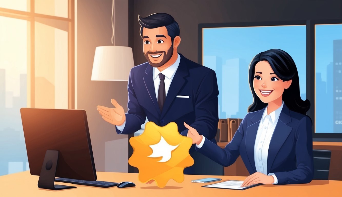 A customer service representative assisting a happy customer with a glowing review