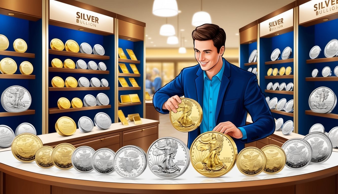 A customer browsing through various gold and silver bullion products at a well-lit and organized retail shop