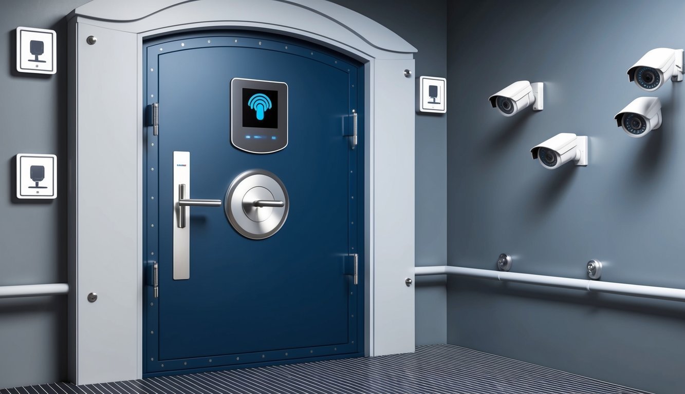 A secure vault door with a biometric scanner and keypad. Surveillance cameras and motion sensors are installed around the perimeter
