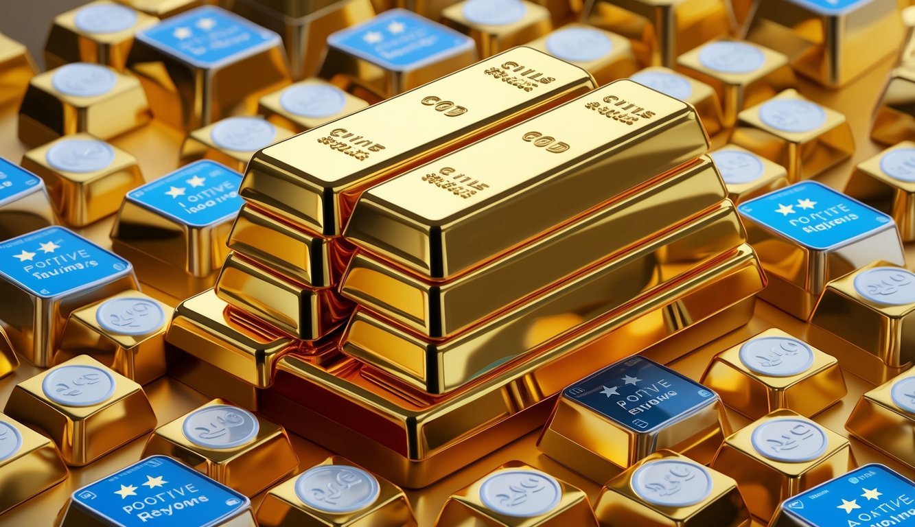 A stack of gold bars surrounded by positive reviews and ratings