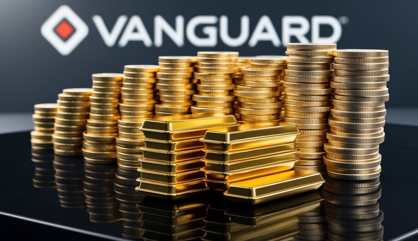 A stack of gold coins and bars arranged neatly on a sleek black table, with a Vanguard logo in the background