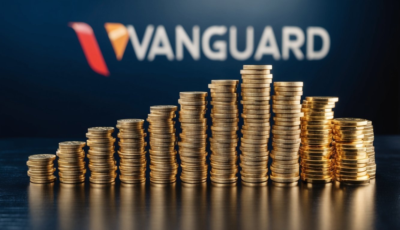 A stack of gold coins and bars arranged neatly on a dark, polished surface, with the Vanguard logo in the background