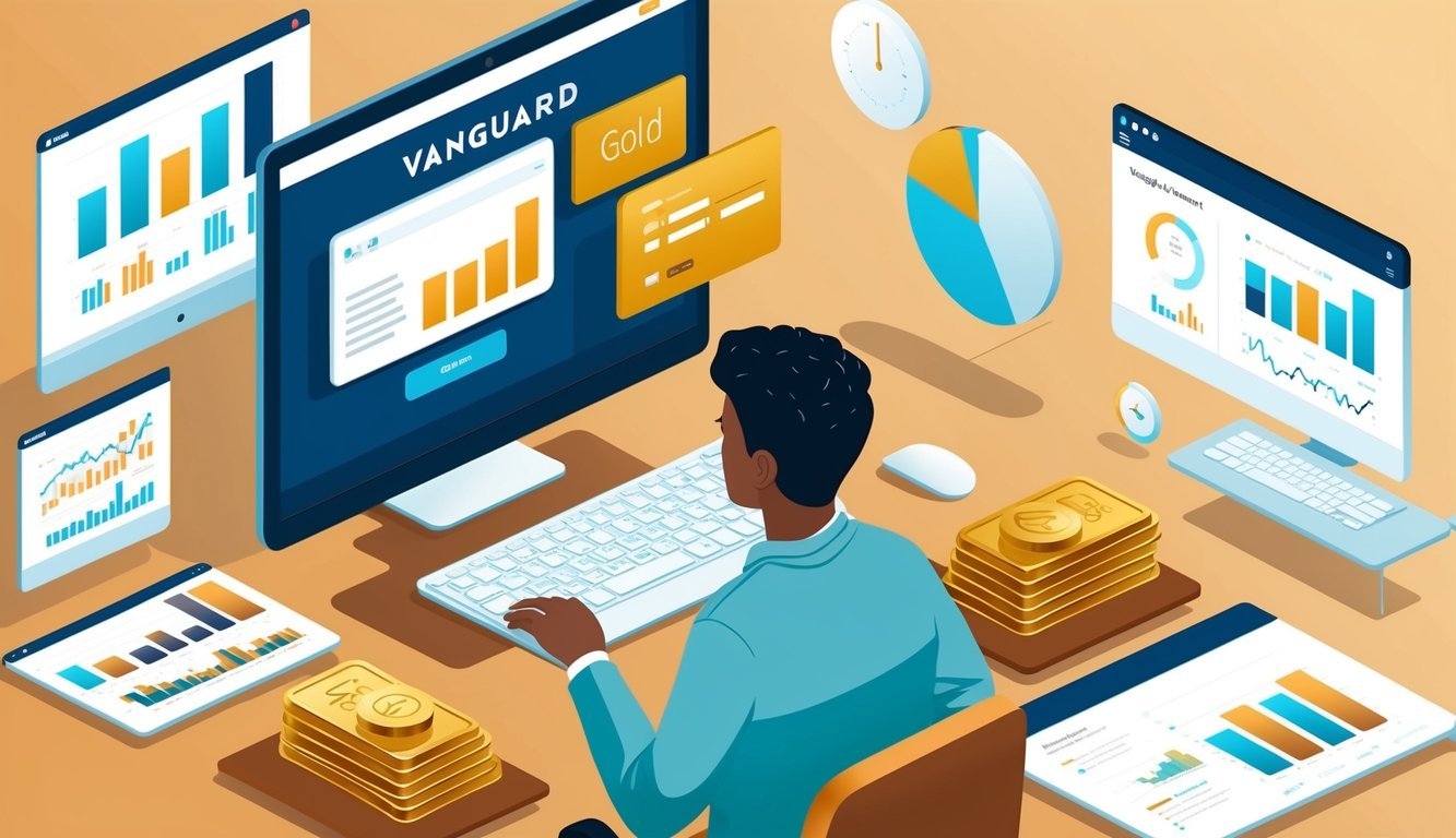 A person researching gold investment options online, with Vanguard's website open on a computer screen, surrounded by financial charts and graphs