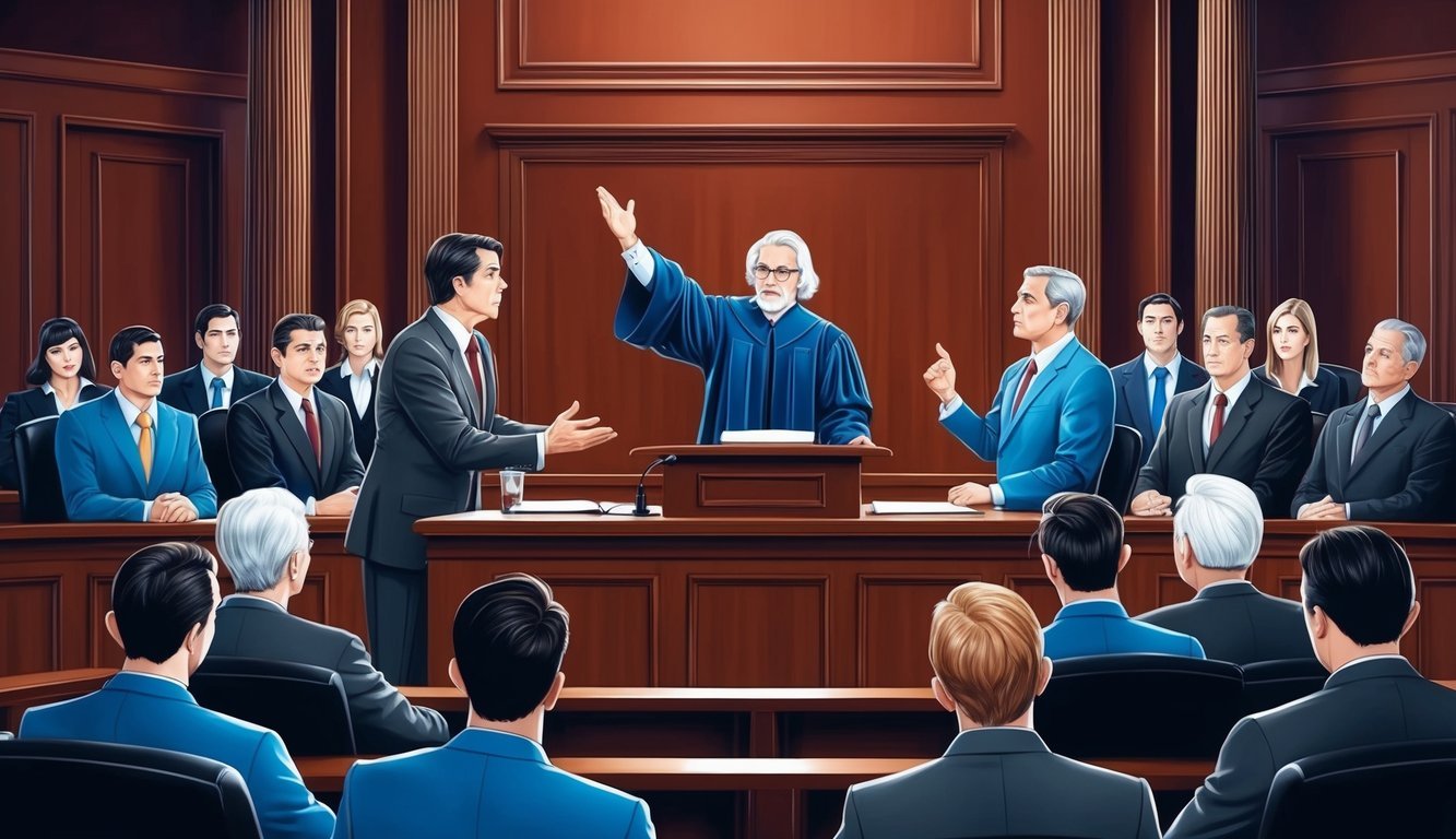 A courtroom with a judge presiding, lawyers arguing, and a jury listening attentively