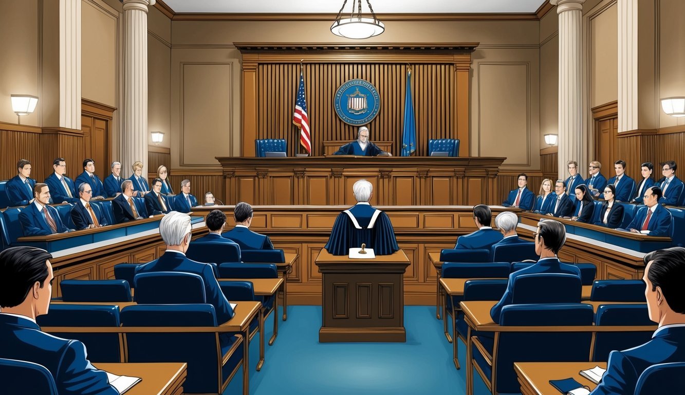 A courtroom with a judge's bench, witness stand, and seating for lawyers and spectators. The room is filled with tension as the Goldco Lawsuit unfolds